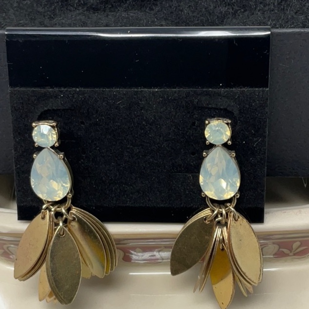 NWT opal look and yellow gold tone “feather” dangle earrings